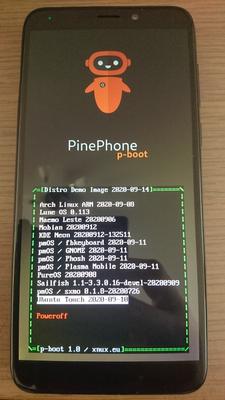 The bootloader p-boot, here with 13 Linux distributions for the PinePhone